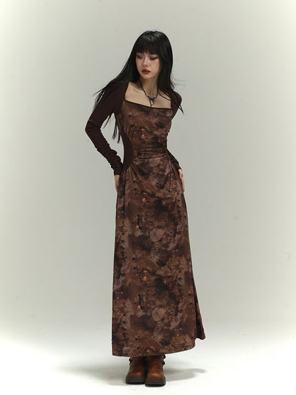 Millard Fashion Brown Square Neck Gathering Details Slim-fitting Dress