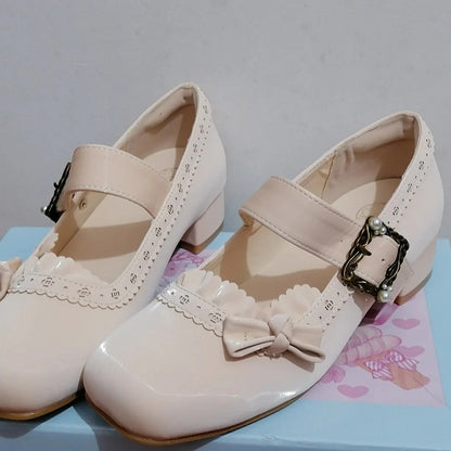 White Sophisticated Lolita Mary Janes - Low-heel/Mid-heel Design with Floral Openwork & Snap Design