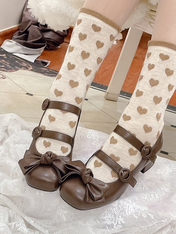 Bow Accents Sweet Brown Buckle Straps Shoes Princess Low Heels