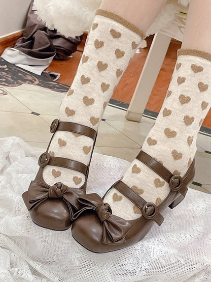 Bow Accents Sweet Brown Buckle Straps Shoes Princess Low Heels