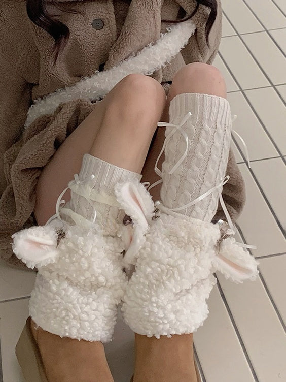White Sweet Bowknot Knitted Leg Warmers