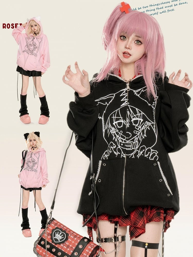 Punk Black/Pink Anime Girl Print Cat Ears Design Zip Hoodie