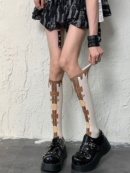 White&Brown Y2K Bittersweet Cookie And Bowknot Print Underknee Stockings