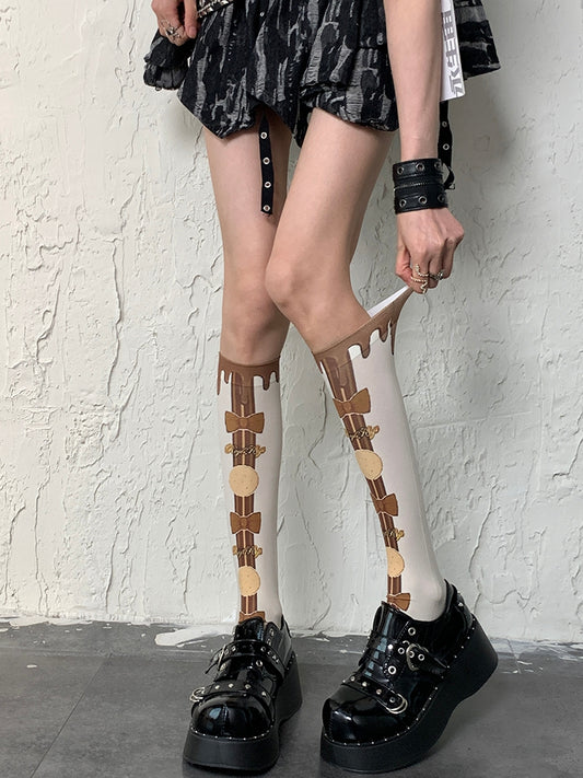 White&Brown Y2K Bittersweet Cookie And Bowknot Print Underknee Stockings