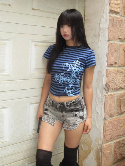 Dark Blue/Light Purple Stripe Pattern Cross Print Top