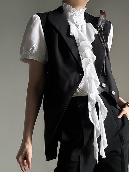 Ouji Lolita Vintage White Puff Sleeve Shirt with Detachable Lace Necklace & Cascading Ruffles