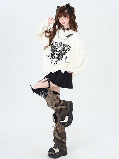 Beige Gothic Distressed Holes Butterfly Sweater with Studs and Chains