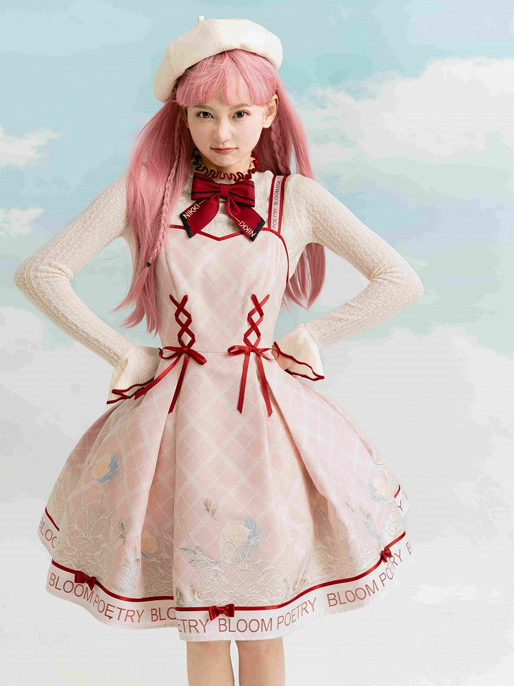 Aprioct Ruffle Neckline Long Sleeves Top with Red Bowknot