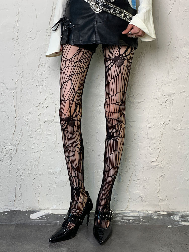 Black Spider Asymmetrical Design Hollow-out Tights