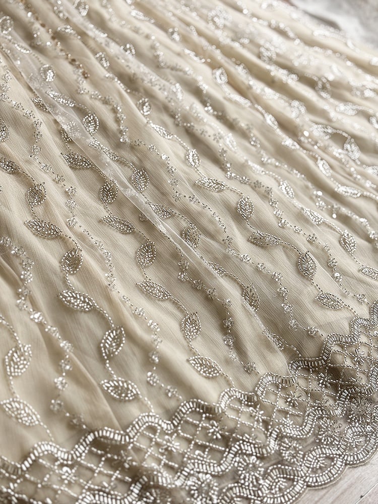 Allover Beaded Leaves Design Beige Empire Waist Elegant Lolita One Piece Long/Short Version