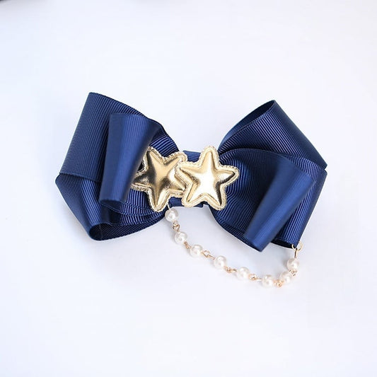 Sweet Dark Blue Asymmetric Bowknot Hairclip with Bead Chain and Golden Star Decorations