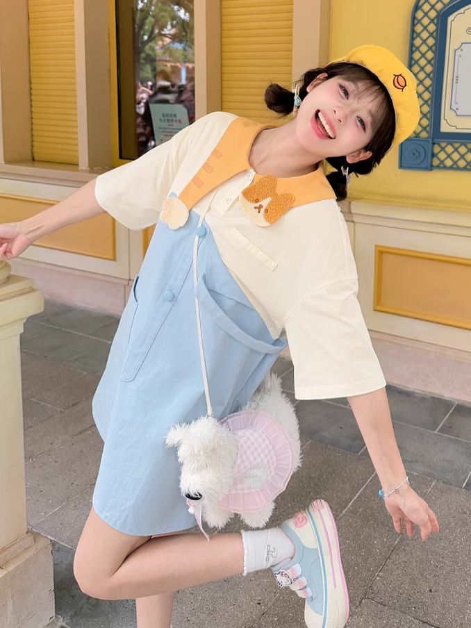 Adorable Kitty Collar Blue and White Colorblock Design Dress Faux Two-pieces