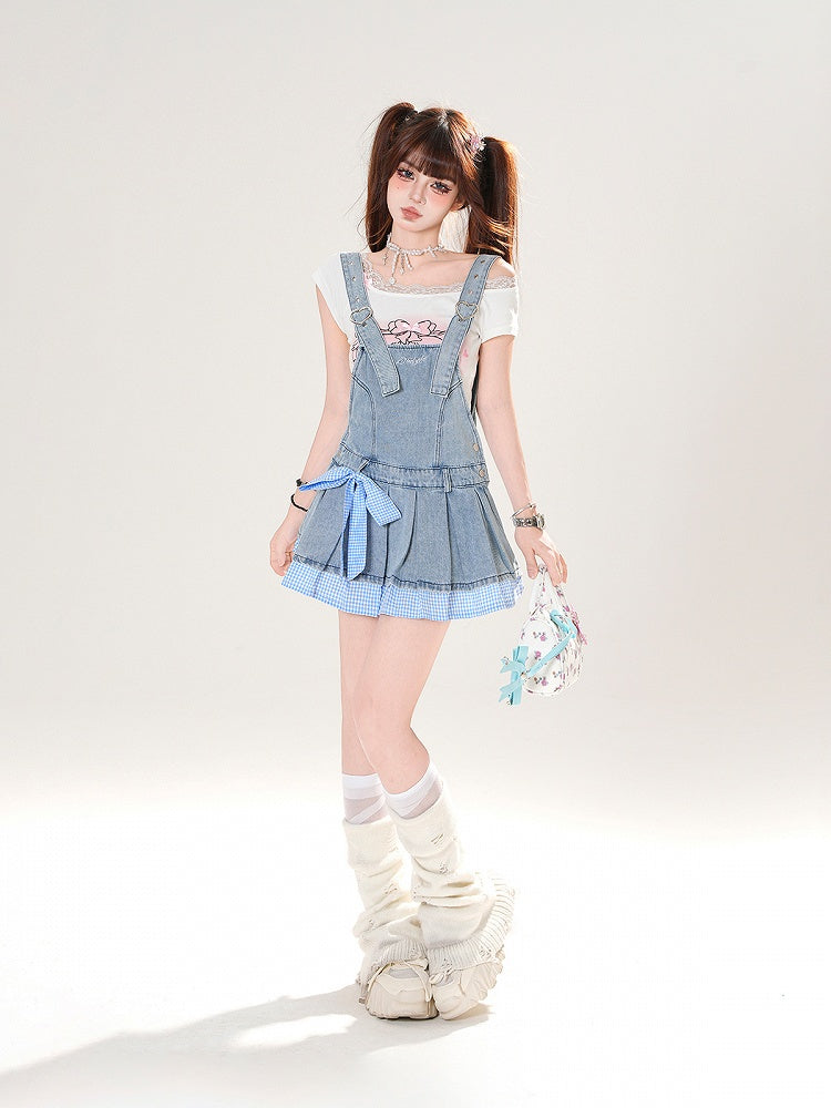 Blue Plaid Hem and Bowknot Box Pleat Adjustable Straps Denim Overall Dress