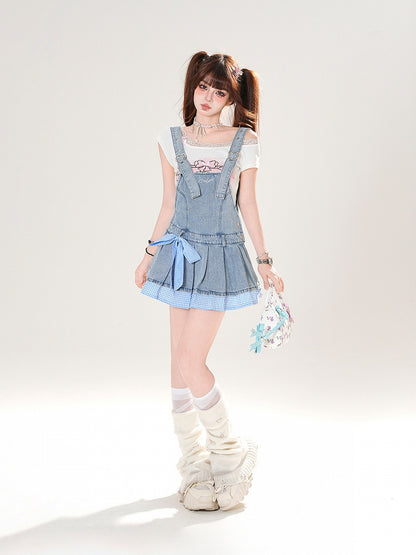 Blue Plaid Hem and Bowknot Box Pleat Adjustable Straps Denim Overall Dress