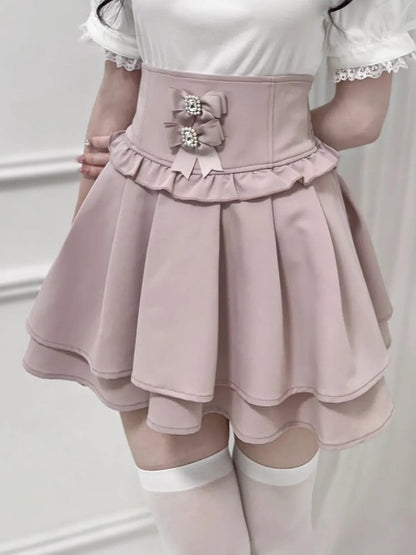 Dusty Pink Jirai Kei Corset Waist Double-Layered Skirt with Detachable Bowknots