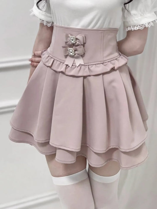 Dusty Pink Jirai Kei Corset Waist Double-Layered Skirt with Detachable Bowknots