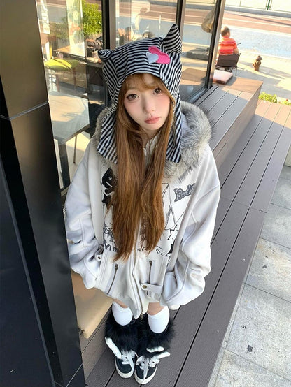 Y2K Khaki Rabbit Ear Hooded Jacket Zip-Up Hoodie for Spring