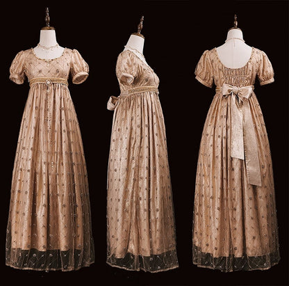 Allover Beaded Design Champagne Diamond Pattern Empire Waist Elegant Lolita One Piece Long/Short Version