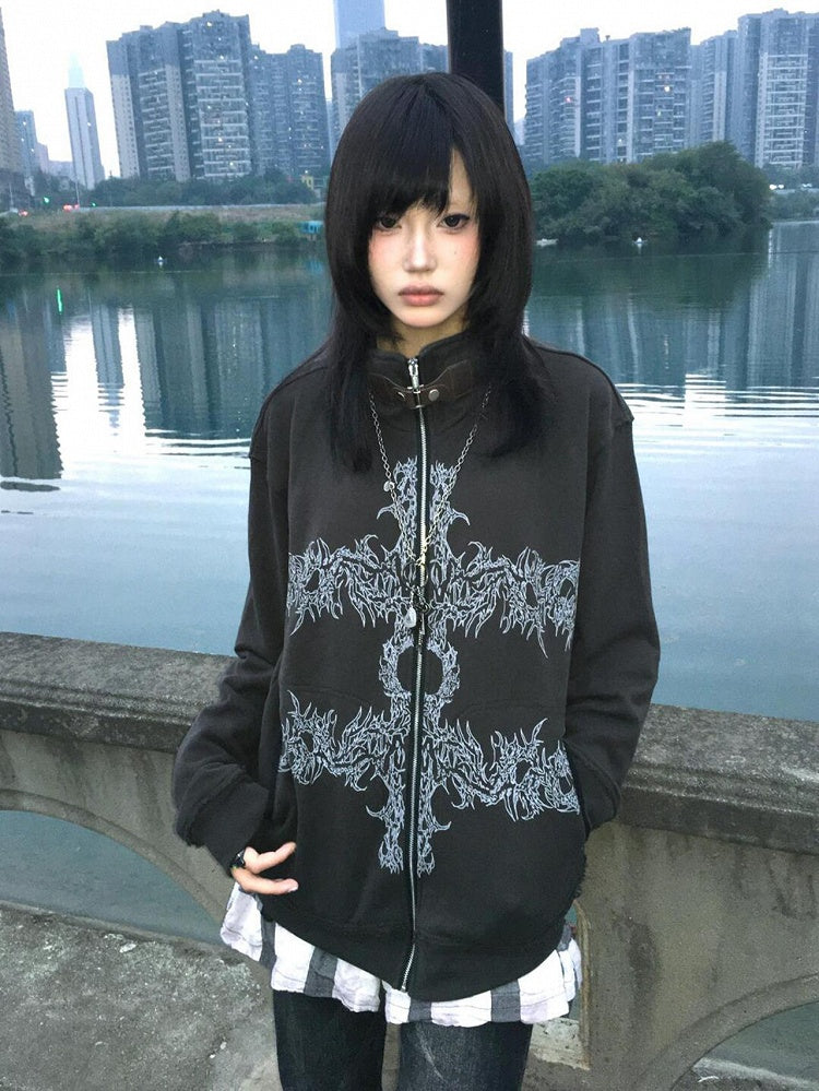 Dark Gray Stand Collar Zip-Up Hoodie with Punk Graphic Print