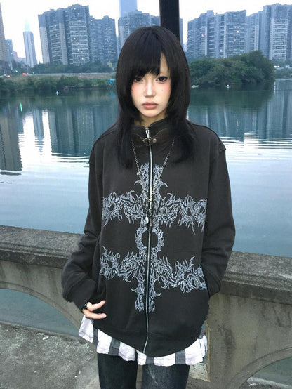Dark Gray Stand Collar Zip-Up Hoodie with Punk Graphic Print