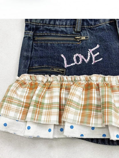 Blue Y2K Plaid And Polka-dot Pattern Shorts + Orange Plaid Pattern Letter Print Accessory