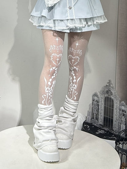 Lily of the Valley and Cross Print Shiro Gothic Lolita Tights