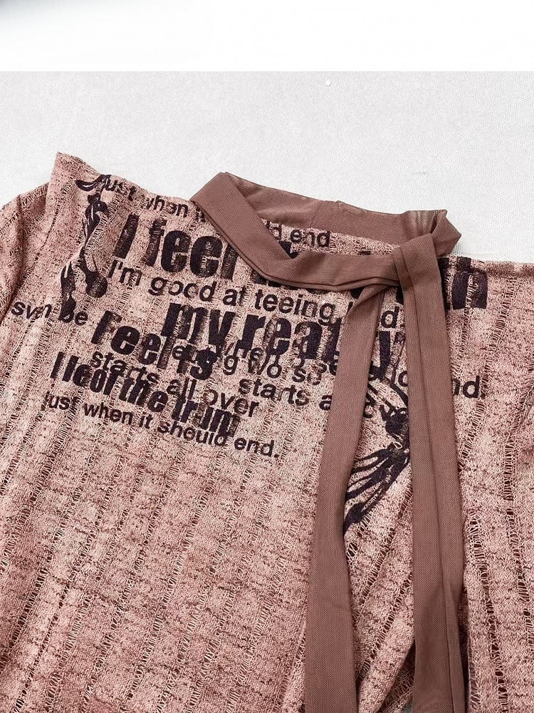 Reddish Brown Millard Fashion Letter Print Striped Pattern Asymmetrical Hem Top + Scarf