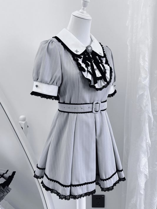 Peter Pan Collar Top with Shorts Gray and White Stripes Maid Jirai Kei Set