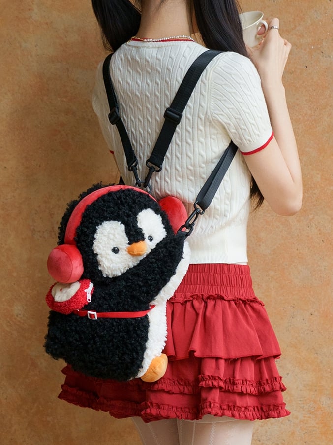 Black Cute Penguin Plush Backpack/Crossbody Bag Middle/Large Size