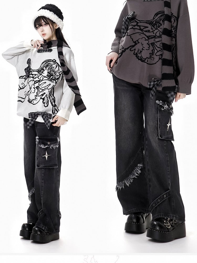 Dark Grey Raw Hem Straight-leg Cut Jeans