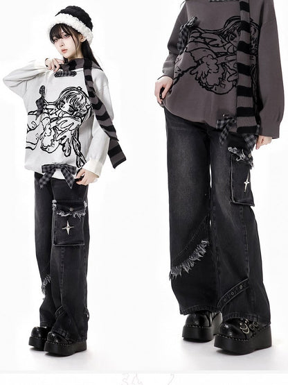 Dark Grey Raw Hem Straight-leg Cut Jeans