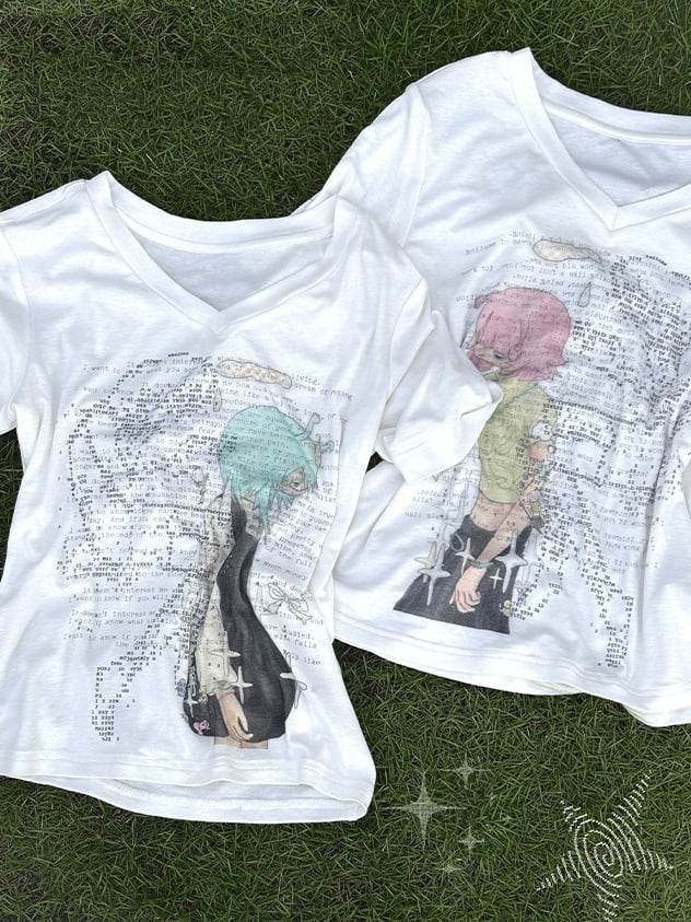 Green/Pink Anime Girl Print V-neck T-shirt