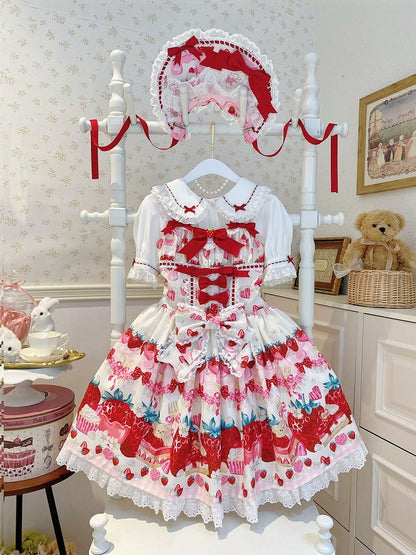 Strawberry and Dessert Print White Sweet Lolita Dress