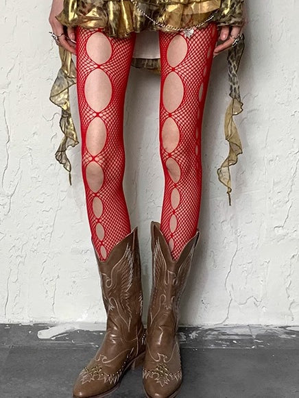 Black/Red/White/Gray Cut-out Design Y2K Tights