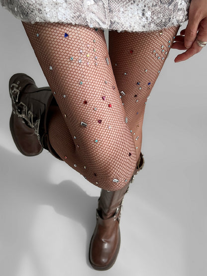 White/Brown Rhinestone Decorated Fishnet Tights