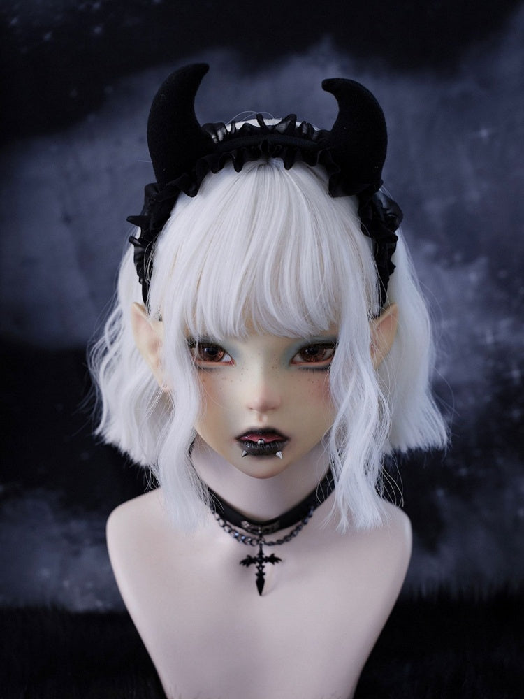 Gothic Black Asymmetrical Devil Horns Ruffle Trim KC