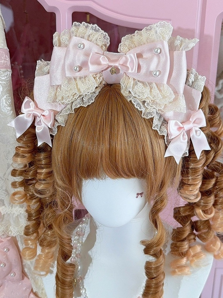 White/Beige/Blue Beaded Decorated Lace Trim Big Bow KC