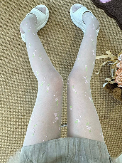 White Floral Details Tights