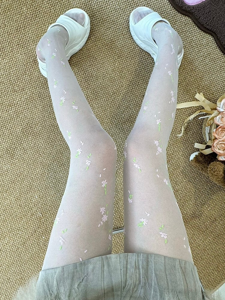 White Floral Details Tights