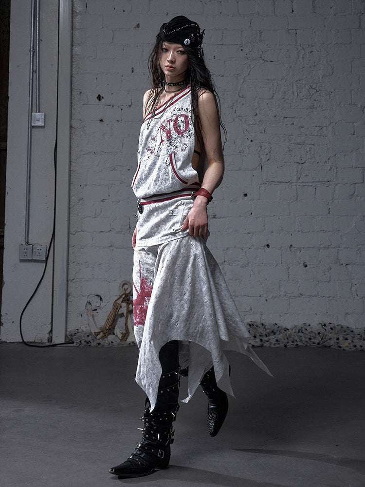 Asymmetrical Neckline Gray/White Wasteland Punk Distressed Dress with Detachable Handkerchief Hem
