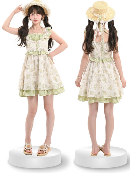 Light Green Plaid Flutter Sleeves Cartoon Print Mori Kei Halter Dress