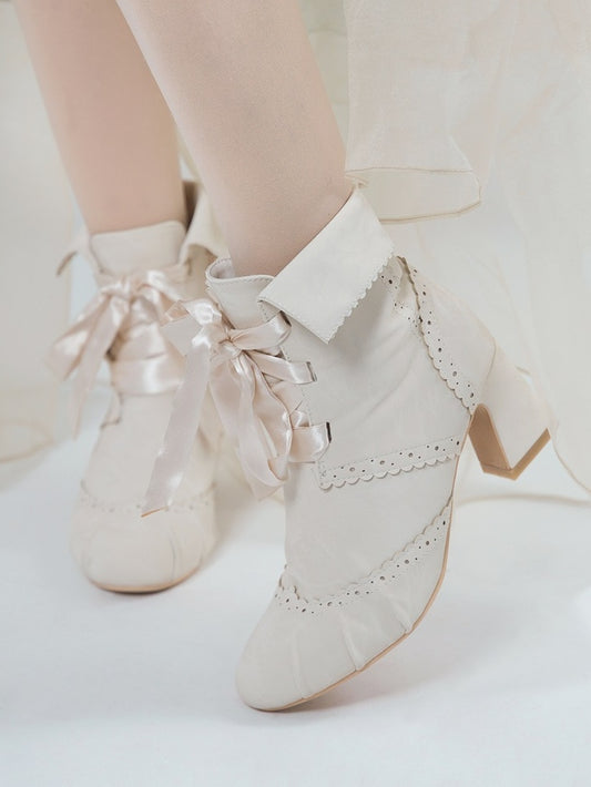 Reversible Cuff Design with Zip & Lace Fastening Elegant Lolita Beige Boots with Mid-heel