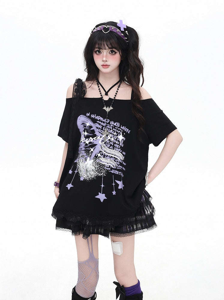 Black Off-the-shoulder Neckline Loose Graphic T-shirt
