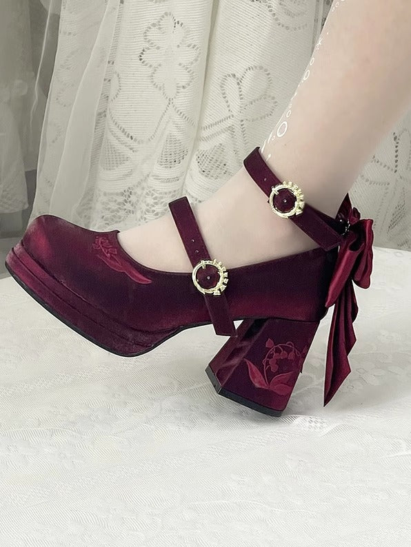 Wine Red Detachable Bowknot Lily of the Valley Embroidery Middle Heels Mary Janes