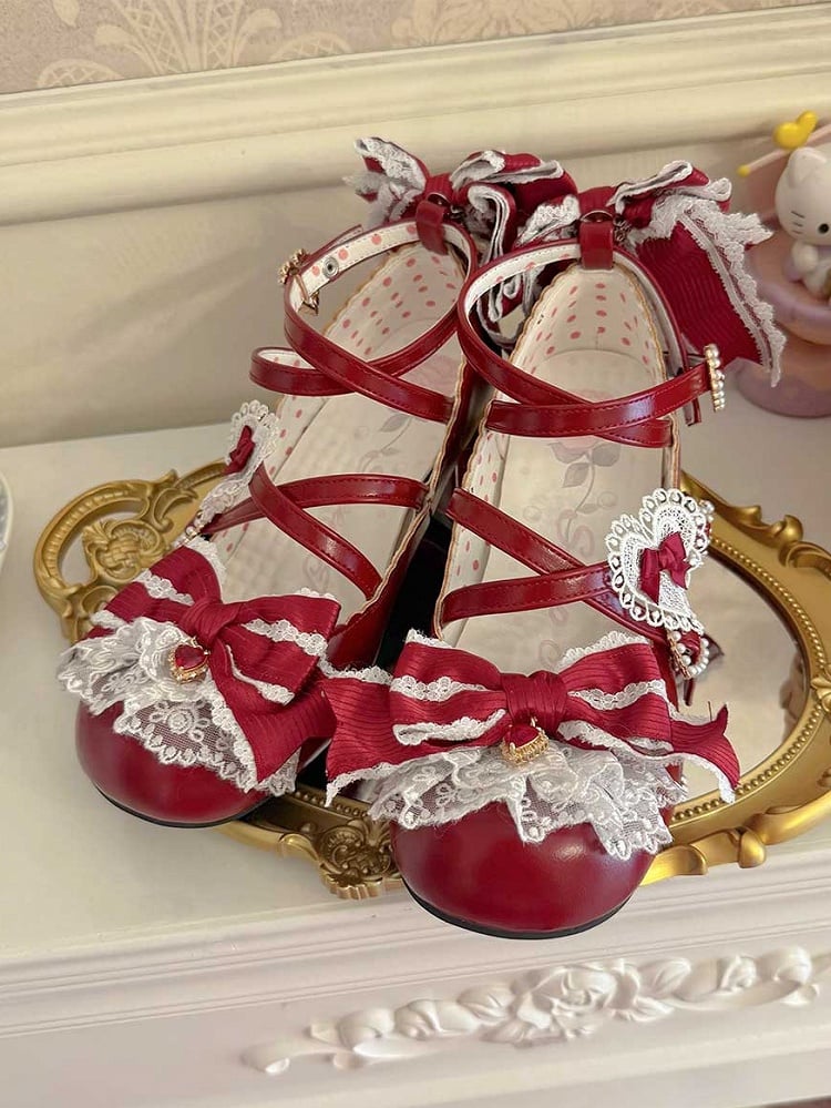 Red Sweet Lolita Bowknot Details Crisscross Design Heart Buckle Straps 2CM/5CM Block Heels Shoes