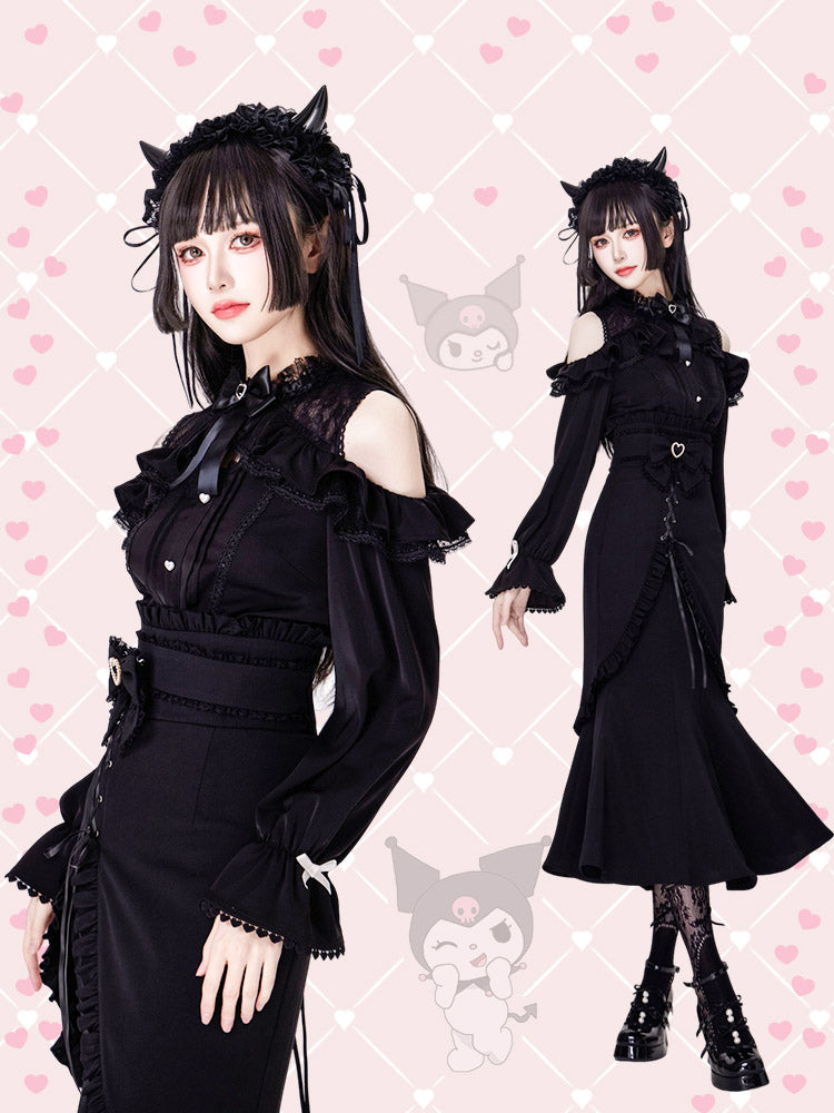 Jirai Kei Open Shoulders Long Sleeves Black Lace Blouse