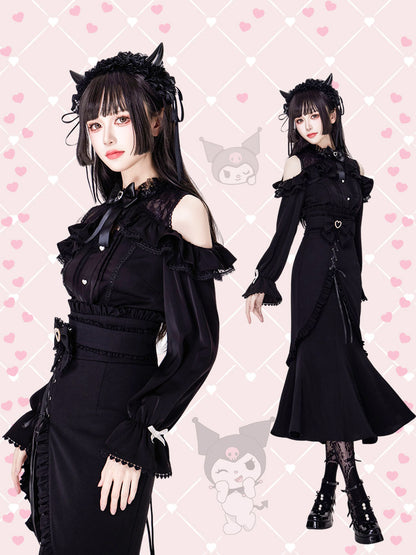 Jirai Kei Open Shoulders Long Sleeves Black Lace Blouse