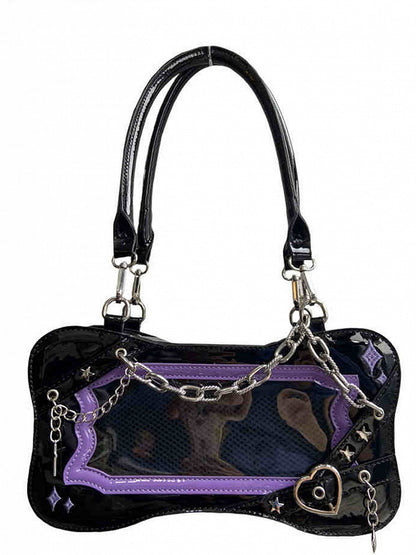 Black & Purple Bone Shape Ita Shoulder Bag with Cross Charm Chain