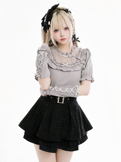 Jirai Kei Bowknots and Beads Decorated Illusion Neckline Gray Blouse with Free Armwear