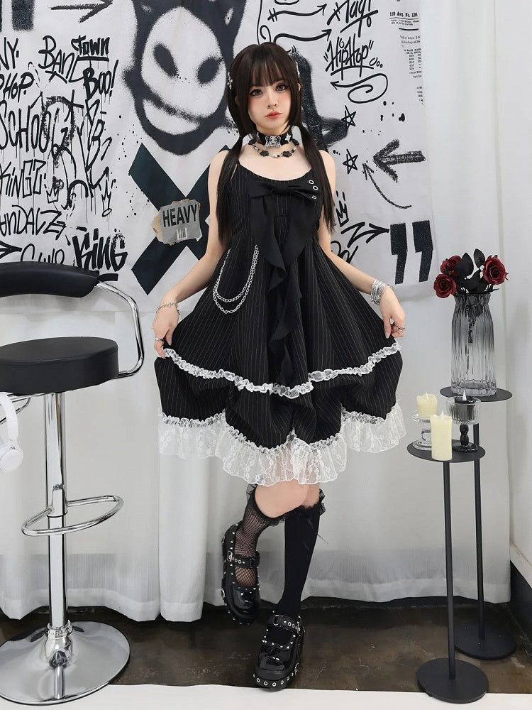 Big Bow Neckline Black Striped Cami Dress Bubble Skirt with Detachable Waist Chain